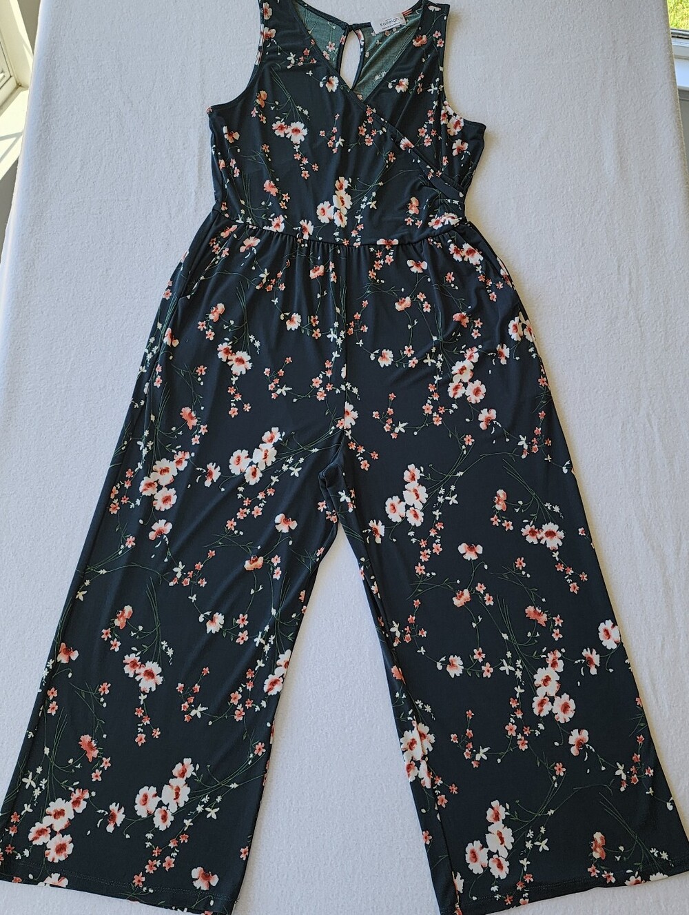 Kaitleigh Floral Wide Leg Jumpsuit Womens Large Sleeveless Wrap Front - Picture 2 of 12